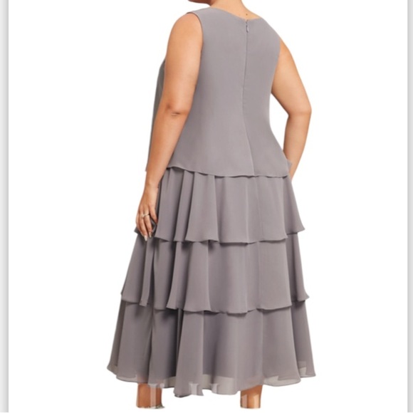 JJ’s House A-line Scoop Tea-Length Chiffon Mother of the Bride Cascading Ruffles - Picture 2 of 10